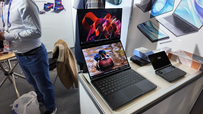 The GDP Duo laptop with two OLED screens, at CES 2025