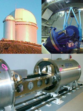 Montage of the HARPS spectrograph and the 3.6m telescope at La Silla. The upper left shows the dome of the telescope, while the upper right illustrates the telescope itself. The HARPS spectrograph is shown in the lower image during laboratory tests. The vacuum tank is open so that some of the high-precision components inside can be seen.