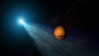 Artist concept of comet Siding Spring flying past Mars.