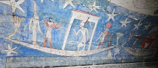 An Egyptian painting of people on a boat