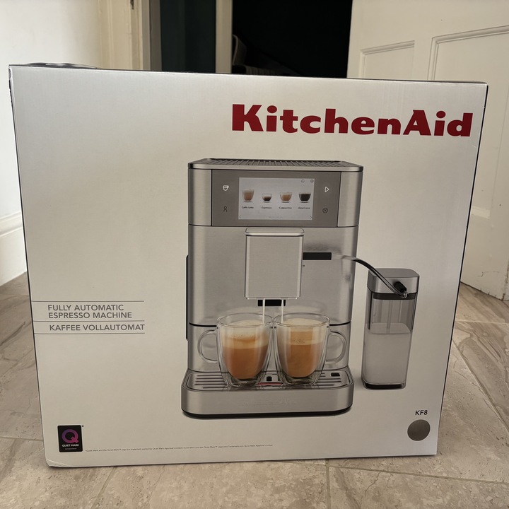 The unopened box containing the KitchenAid Fully Automatic Espresso Machine KF8.