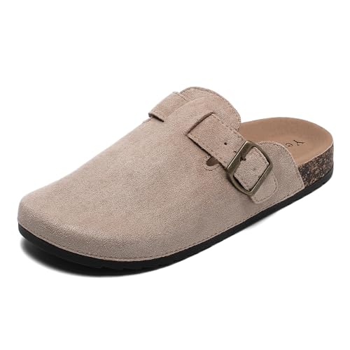 Suede Clogs Women Leather Mules Men Soft Cork Footbed Adjustable Buckle With Arch Support Closed Toe Sandals Potato Shoes Anti Slip Unisex Beige