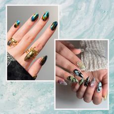a duo of maximalist manicures on a blue water background