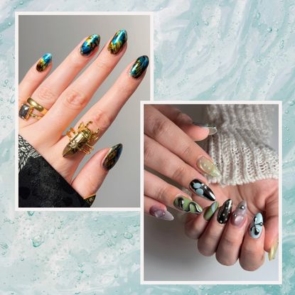 a duo of maximalist manicures on a blue water background