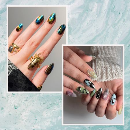 a duo of maximalist manicures on a blue water background