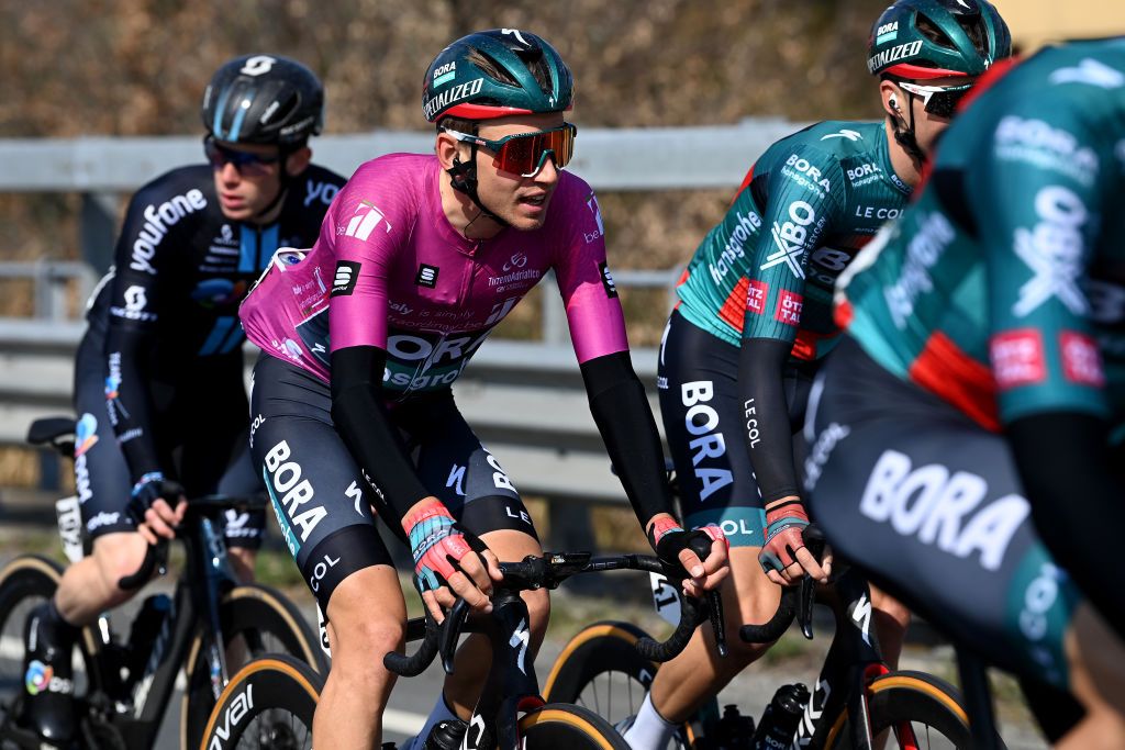 FOLLONICA ITALY MARCH 07 Lennard Kmna of Germany and Team BORA Hansgrohe Purple Sprint Jersey competes during the 58th TirrenoAdriatico 2023 Stage 2 a 210km stage from Camaiore to Follonica TirrenoAdriatico on March 07 2023 in Follonica Italy Photo by Tim de WaeleGetty Images