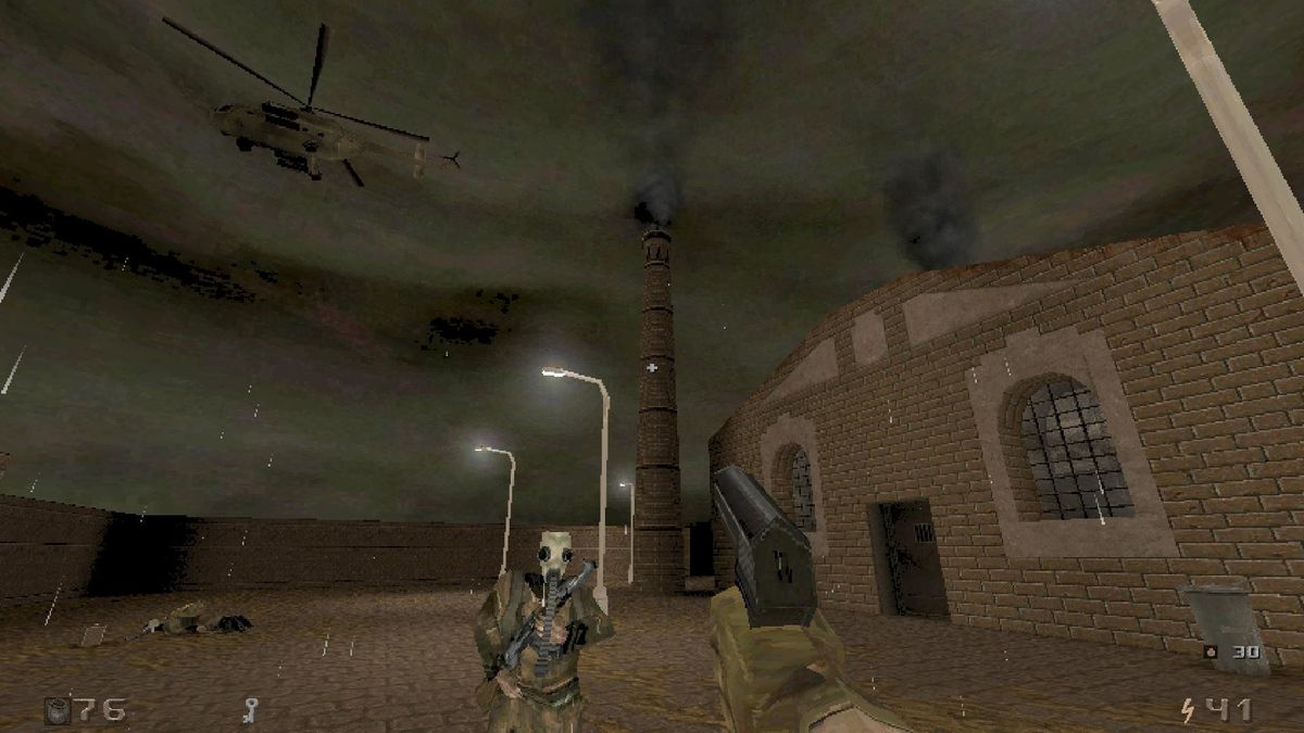 First person view of combat against gas masked soldier and helicopter in Hrot