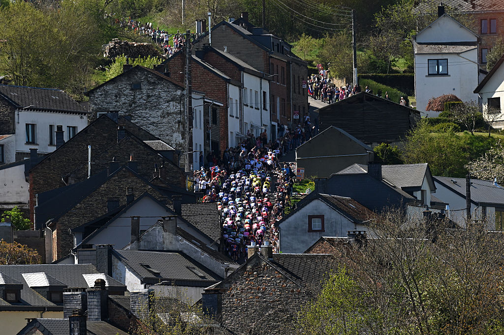 LIEGE, BELGIUM - APRIL 26: A general view of the peloton climbing the Cote de Saint-Roch (448m) during the 112th Liege - Bastogne - Liege 2026 - Men&amp;amp;apos;s Elite a 259.5km one day race from Liege to Liege / #UCIWT / on April 26, 2026 in Liege, Belgium. (Photo by Dario Belingheri/Getty Images)