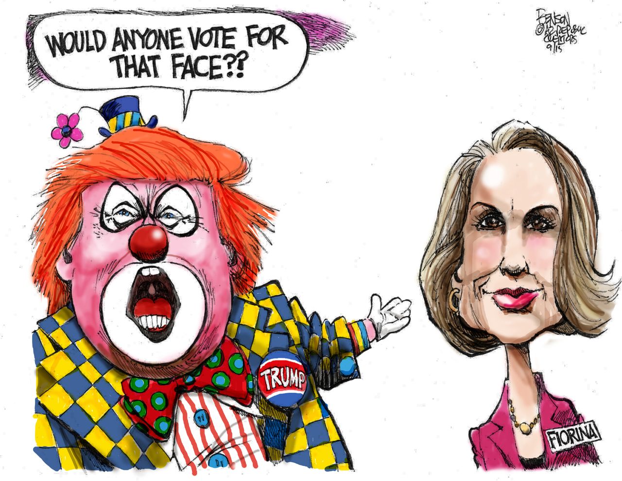 Political cartoon Trump Fiorina Clown Face