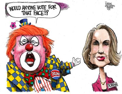 Political cartoon Trump Fiorina Clown Face