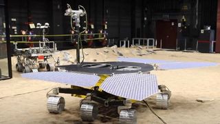 China's Tianwan-1 Mars rover is pictured at the "Mars yard," a simulated Red Planet testing ground at the China Academy of Space Technology in Beijing, China.