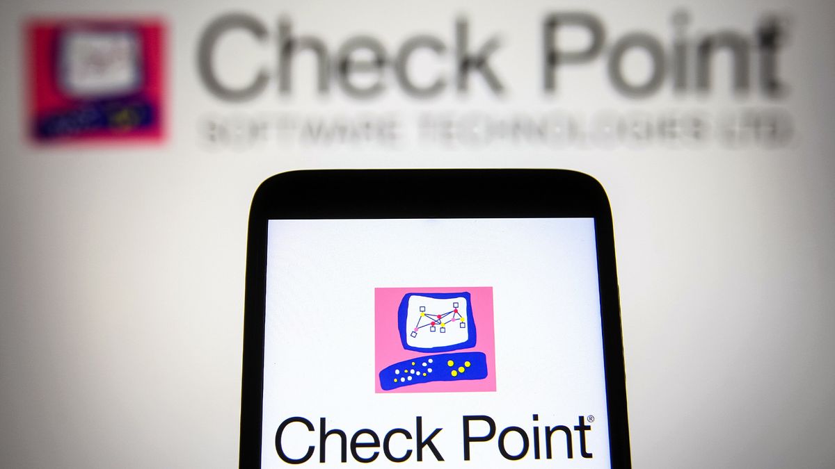 Check Point logo and branding pictured on a smartphone screen with company logo in background.