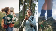 Woman holding dog on a hike, woman looking at phone on a hike, and view of hiking socks and boots against stunning backdrop