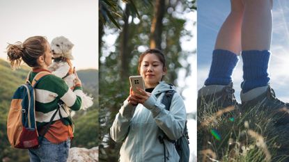 Woman holding dog on a hike, woman looking at phone on a hike, and view of hiking socks and boots against stunning backdrop