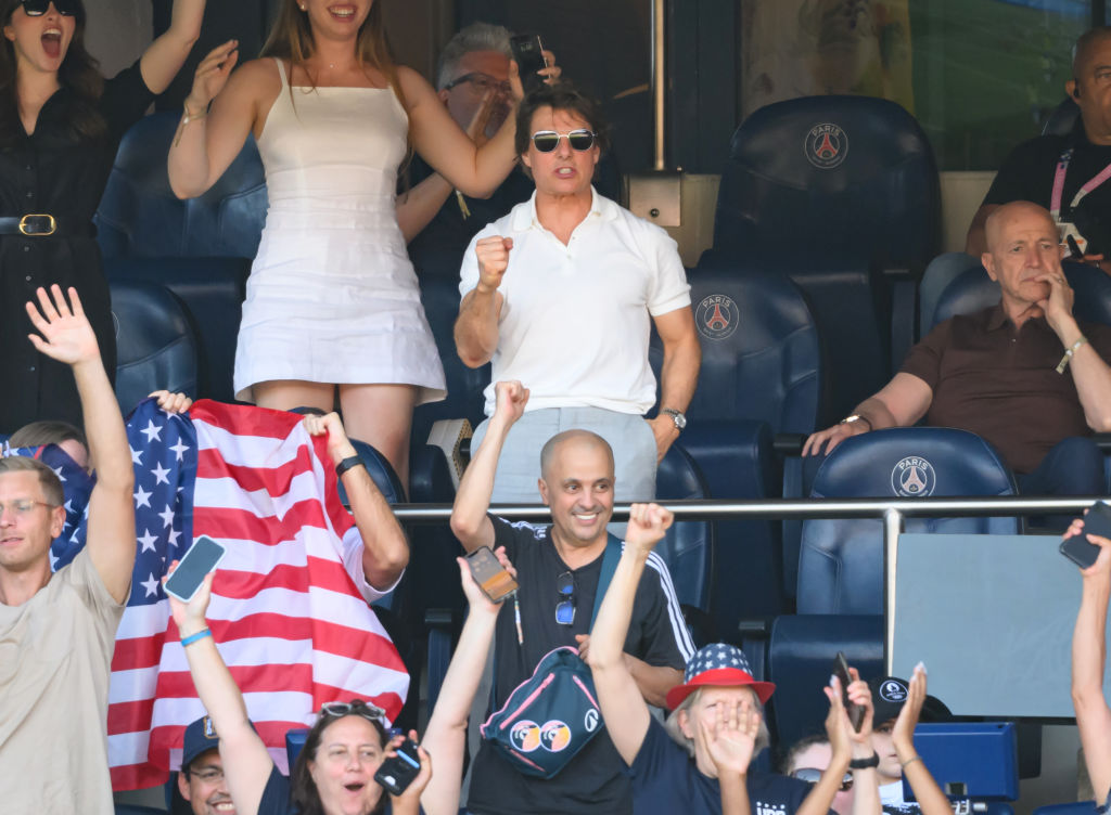 PARIS, FRANCE - AUGUST 10: Tom Cruise attends the women's football Gold Medal match between Brazil and USA during the Olympic Games Paris 2024 at Parc des Princes on August 10, 2024 in Paris, France. (Photo by Karwai Tang/Getty Images)