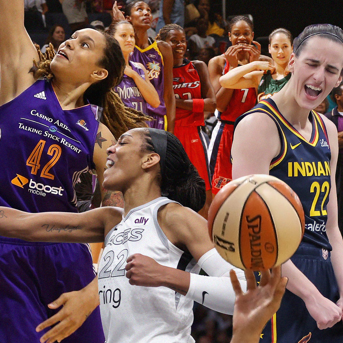 A collage of photos taken during WNBA All-Star games throughout the event's history, including images of Caitlin Clark, A'Ja Wilson, and Brittney Griner. 