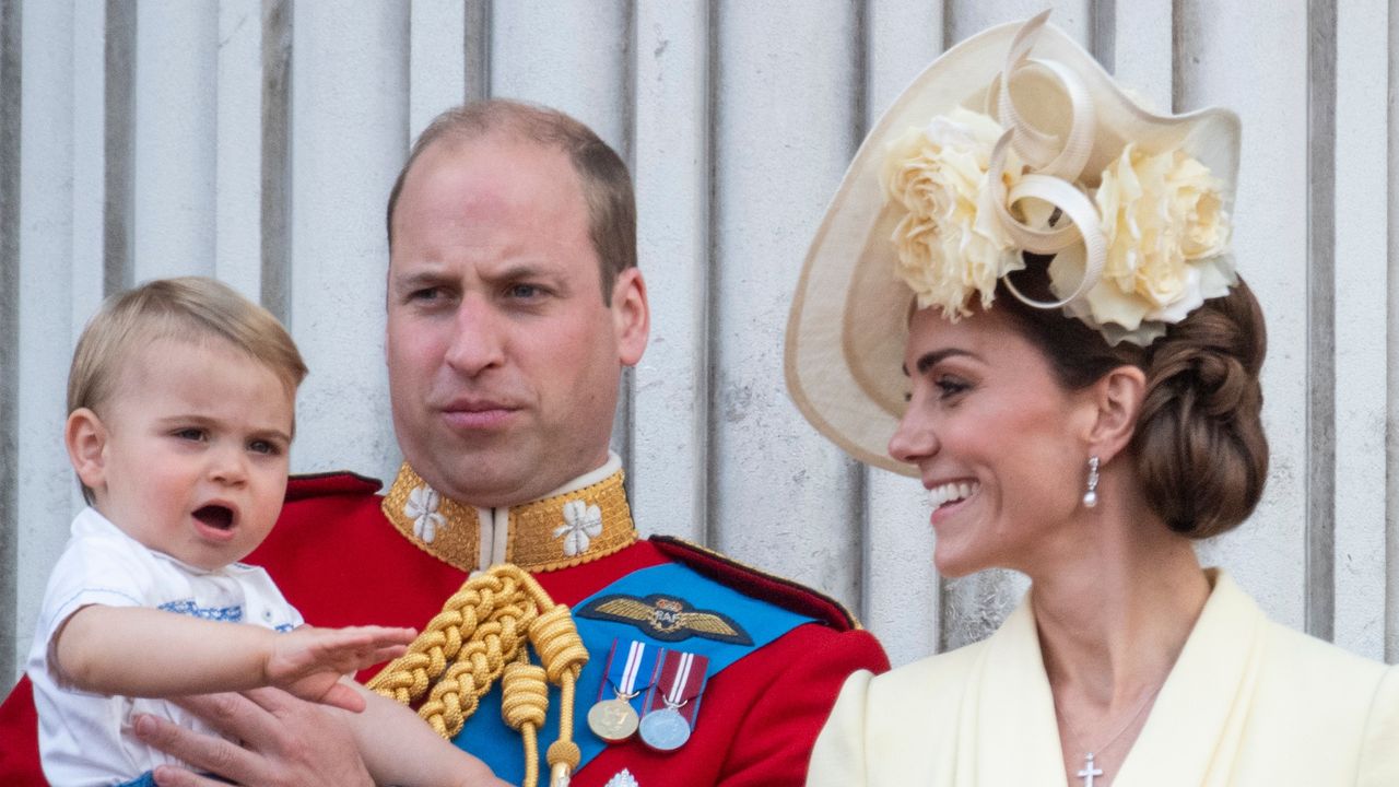 Prince William, Duke of Cambridge with Catherine, Duchess of Cambridge and Prince Louis of Cambridge during Trooping The Colour, the Queen&#039;s annual birthday parade, on June 8, 2019 in London, England