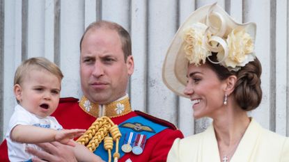Prince William, Duke of Cambridge with Catherine, Duchess of Cambridge and Prince Louis of Cambridge during Trooping The Colour, the Queen's annual birthday parade, on June 8, 2019 in London, England