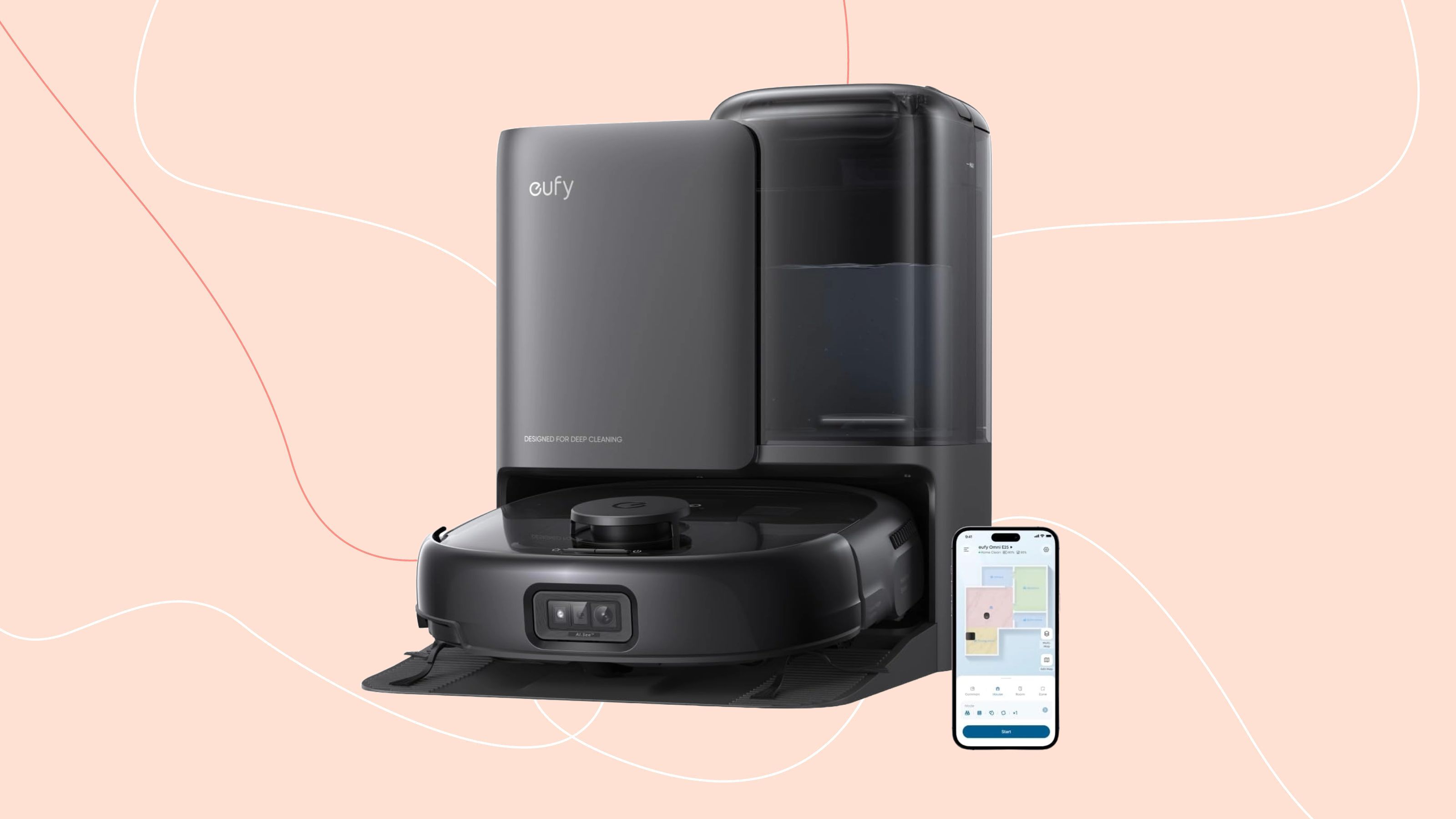 Eufy Robot Vacuum Omni E25 on a pink background