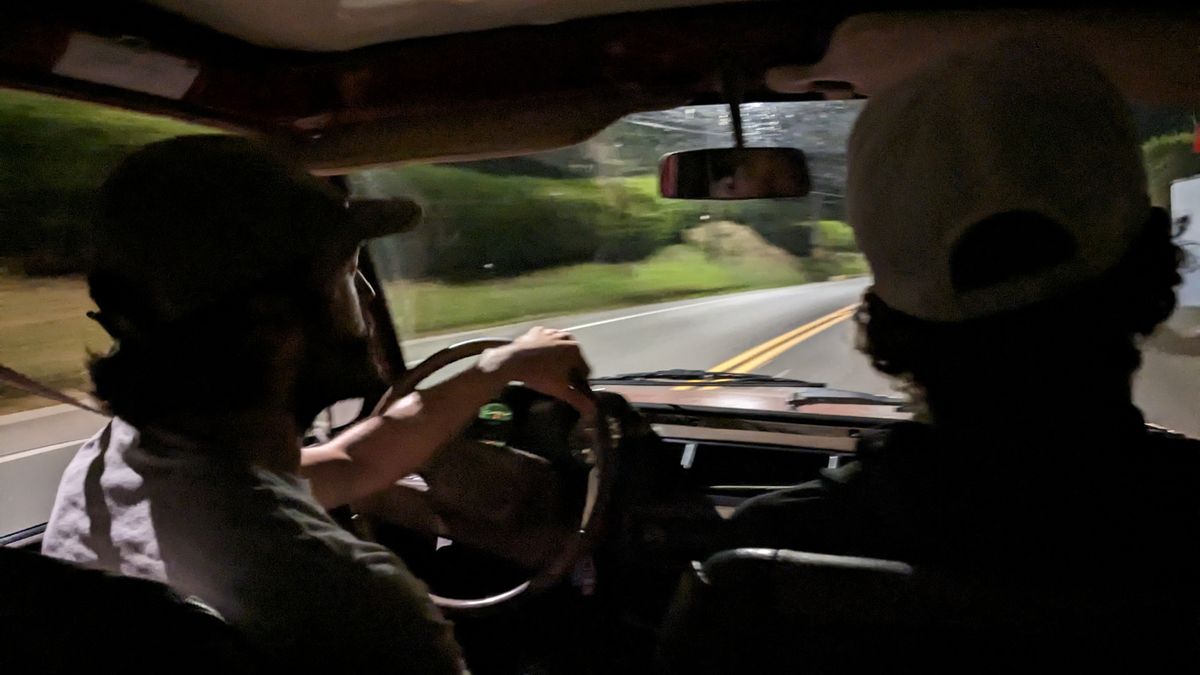 Inside of a Chevrolet Trooper at night