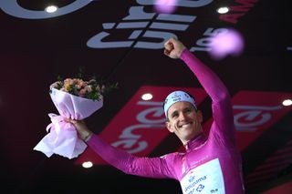 SCALEA ITALY MAY 12 Arnaud Demare of France and Team Groupama FDJ Purple Points Jersey celebrates at podium during the 105th Giro dItalia 2022 Stage 6 a 192km stage from Palmi to Scalea Giro WorldTour on May 12 2022 in Scalea Italy Photo by Tim de WaeleGetty Images