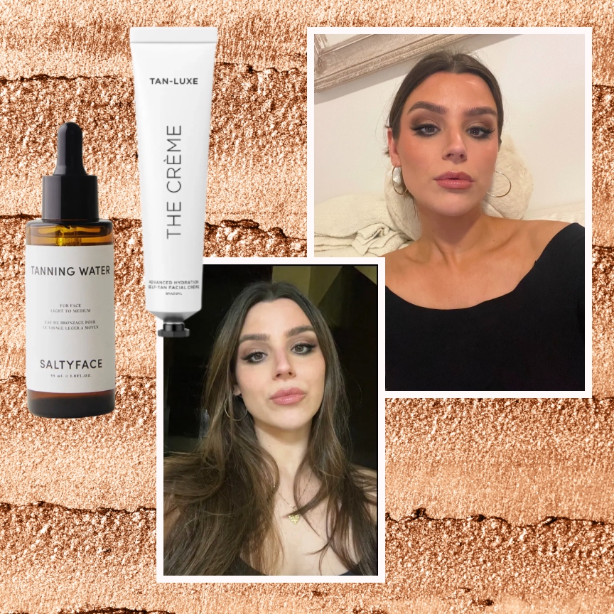 a close up of tanning cream with a woman with pale and tan skin in a before and after duo of photos with two bottles of self-tanner