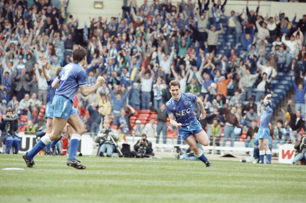 Simod Cup final at Wembley Stadium. Nottingham Forest defeated Everton 4-3, with a brace apiece from Lee Chapman and Garry Parker for Forest and two goals from Tony Cottee and one from Graeme Sharp for Everton. (Picture) Tony Cottee celebrates after scoring his goal, 30th April 1989. (Photo by Cooper/Mirrorpix/Getty Images)