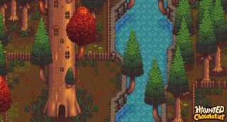 A screenshot from Haunted Chocolatier showing a small figure looking at a stream of water in an autumnal forest landscape