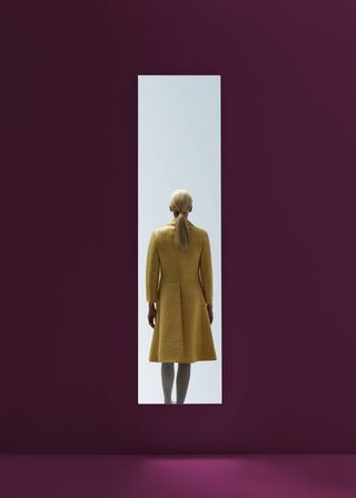 Purple, Yellow, Violet, Standing, Outerwear, Fashion, Trench coat, Mannequin, Magenta, Beige,