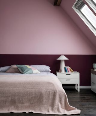 A DIY headboard made from paint using Crown_CC22_Fairy Dust easyclean® Flat Matt Emulsion, from £25 for 2.5L, Addiction, Feature Wall Breatheasy Matt Emulsion Paint, from £16 for 1.25L