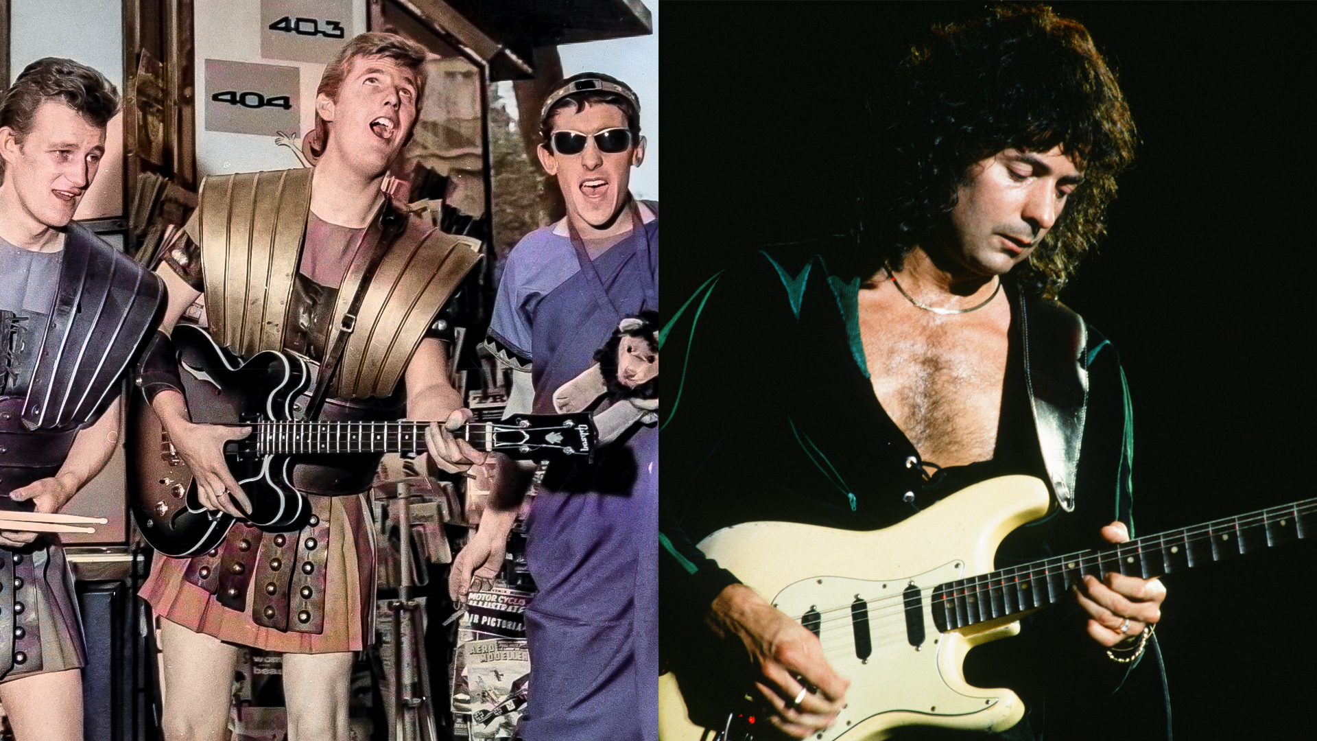 LEFT: British rock and roll band Nero And The Gladiators performing in a Paris street, 8th July 1961. They are in the city for a music hall production. RIGHT: Deep Purple Ritchie Blackmore live at Nippon Budokan, Tokyo, May 1985. 
