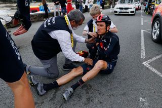 Team Ineos Grenadiers Geraint Thomas of Great Britain receives medical treatment after crashing during the 3rd stage of the 108th edition of the Tour de France cycling race 182 km between Lorient and Pontivy on June 28 2021 Photo by Thomas SAMSON AFP Photo by THOMAS SAMSONAFP via Getty Images