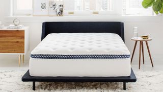 Best king size mattress shows the WinkBed mattress on a black wooden bedframe placed in a white bedroom