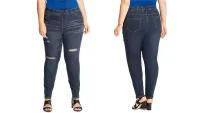 a side-by-side of a woman wearing the Just My Size Distressed Jeggings, one of w&h's best plus-size leggings picks, at two different angles