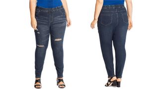 a side-by-side of a woman wearing the Just My Size Distressed Jeggings, one of w&h's best plus-size leggings picks, at two different angles