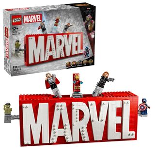 Lego Marvel Logo set and box on a white background