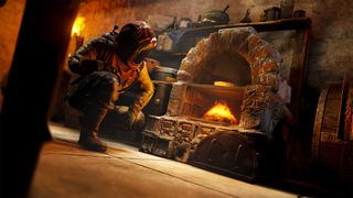 Wearing a hazmat suit, a Rust player kneels to check the inside of a stone cooking stove, which is lit with a fire and cooking a pie.