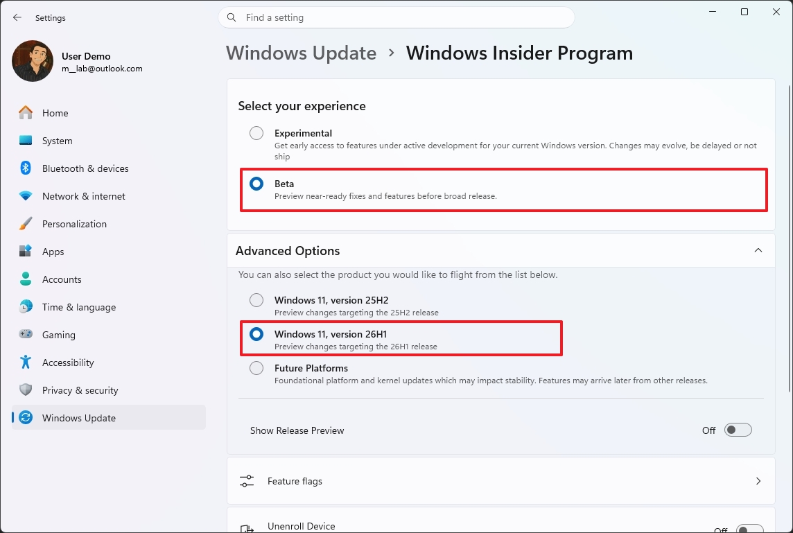 Screenshot of the Windows Insider Program settings. The "Beta" and "Windows 11, version 26H1" options are selected, highlighted with red borders.