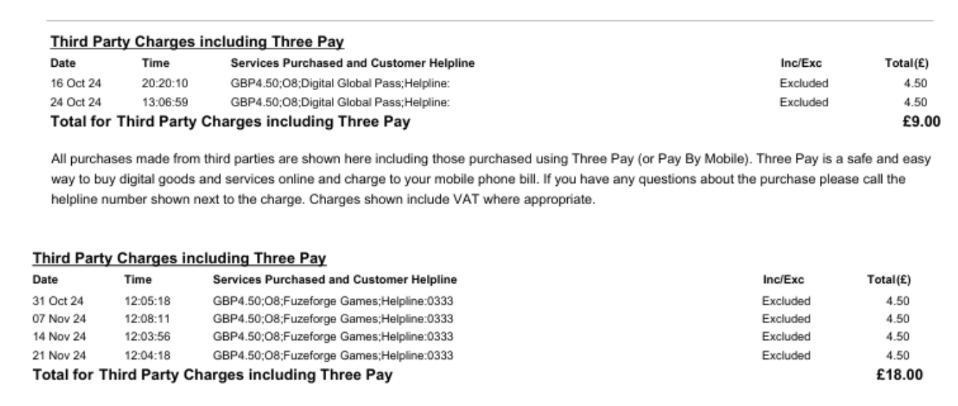 A screenshot of Three UK bills