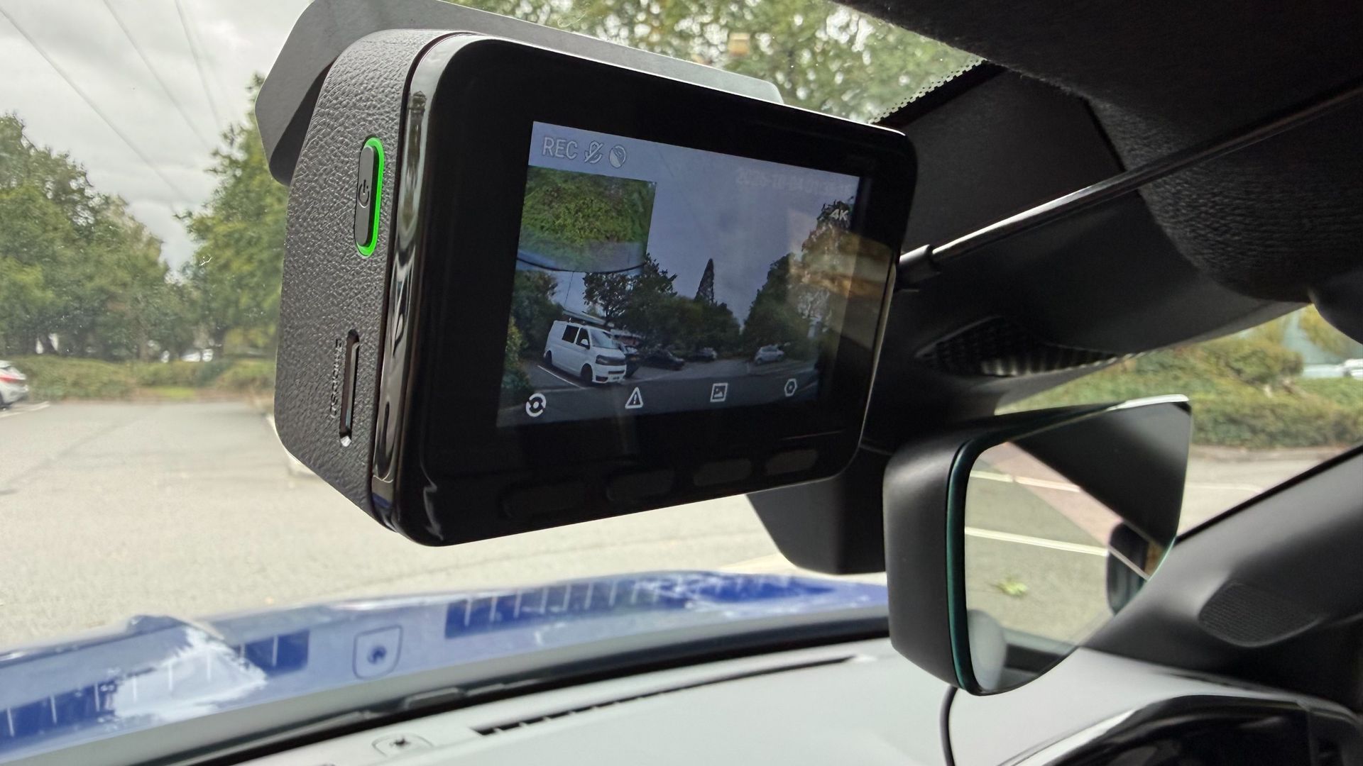 interior image of a car showing 70mai 4K A900 Ultra Dash Cam attached to windscreen