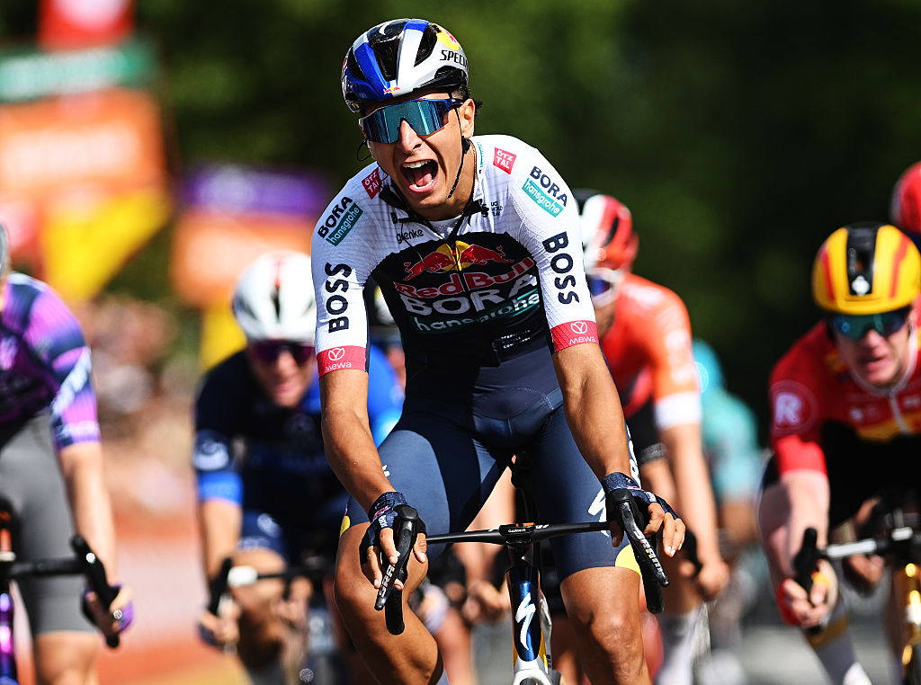 ANTOING, BELGIUM - JULY 28: Davide Donati of Italy and Team Red Bull - BORA - hansgrohe celebrates at finish line as stage winner during the 46th Tour de Wallonie 2025, Stage 3 a 165.3km stage from Estinnes to Antoing on July 28, 2025 in Antoing, Belgium. (Photo by Luc Claessen/Getty Images)