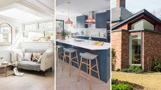 Compilation of a living room with skylights, a blue contemporary kitchen and a modern brick kitchene xtension from the exterior to highlight potential unexpected home improvement costs