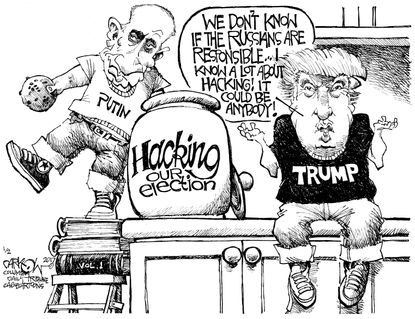 Political cartoon U.S. Russia hacks Donald Trump Vladimir Putin