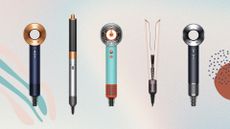 five Dyson tools - the Supersonic hair dryer in blue and grey, the turquoise Nural hair dryer, the Airwrap origin and the Airstrait in light pink - on a pastel blue and pink background