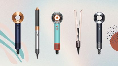 five Dyson tools - the Supersonic hair dryer in blue and grey, the turquoise Nural hair dryer, the Airwrap origin and the Airstrait in light pink - on a pastel blue and pink background