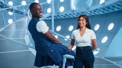 Ncuti Gatwa as the Doctor and Varada Sethu as Belinda Chandra in Doctor Who season 2.