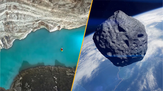 Split image of the world's largest underground thermal lake on record and a 'city-killer' asteroid approaching Earth.