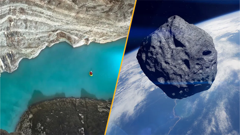 Split image of the world&#039;s largest underground thermal lake on record and a &#039;city-killer&#039; asteroid approaching Earth.