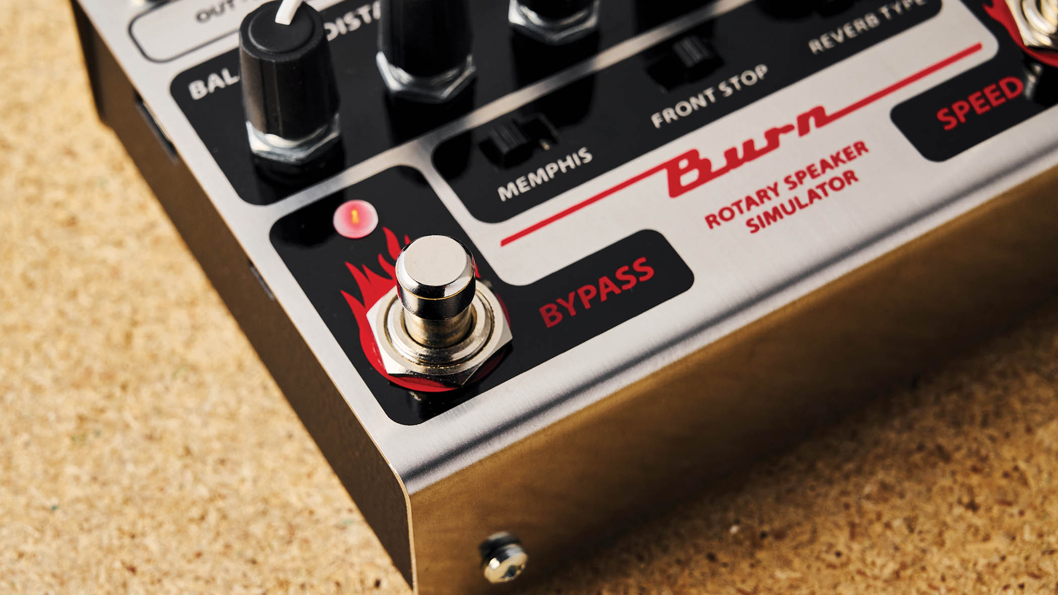 The Crumar Burn is a rotary speaker emulator that is designed for keyboards but works just fine for guitar &amp;ndash; it has a brushed metal chassis with black dials and control panel
