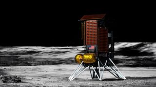 illustration of a reddish, gold and silver spacecraft on the surface of the moon